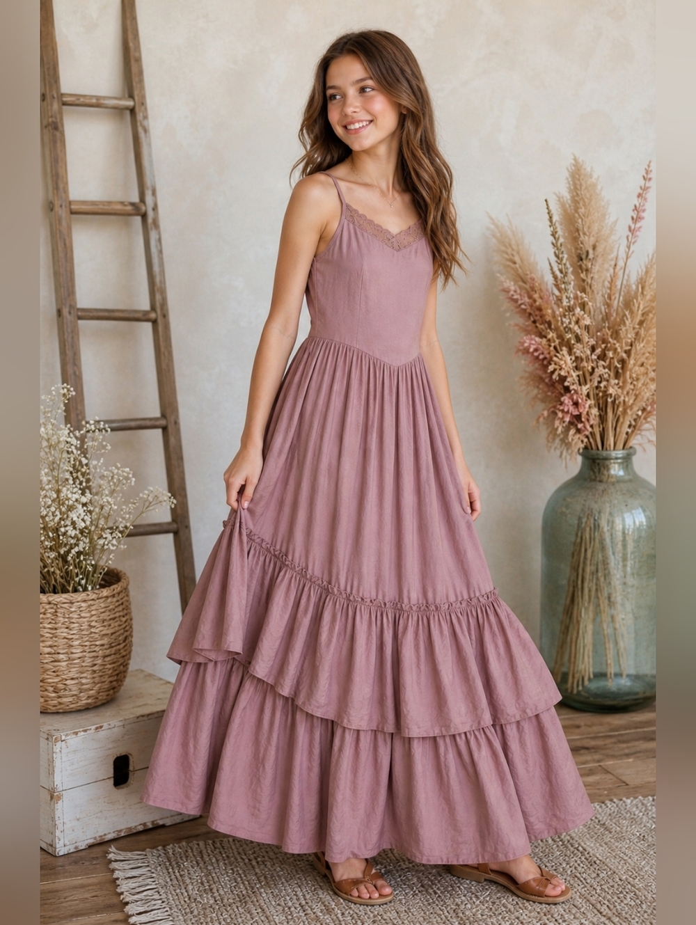 Joyfolie Evony Maxi Dress Light Mauve Boho Lace Back Youth Size 14 NWT